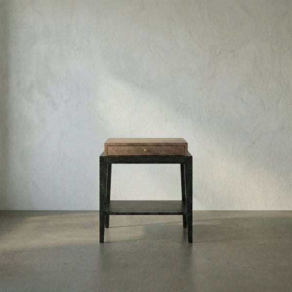 Memphis Walnut Veneer Side Table with Brass Hardware and Open Shelf for Living Rooms