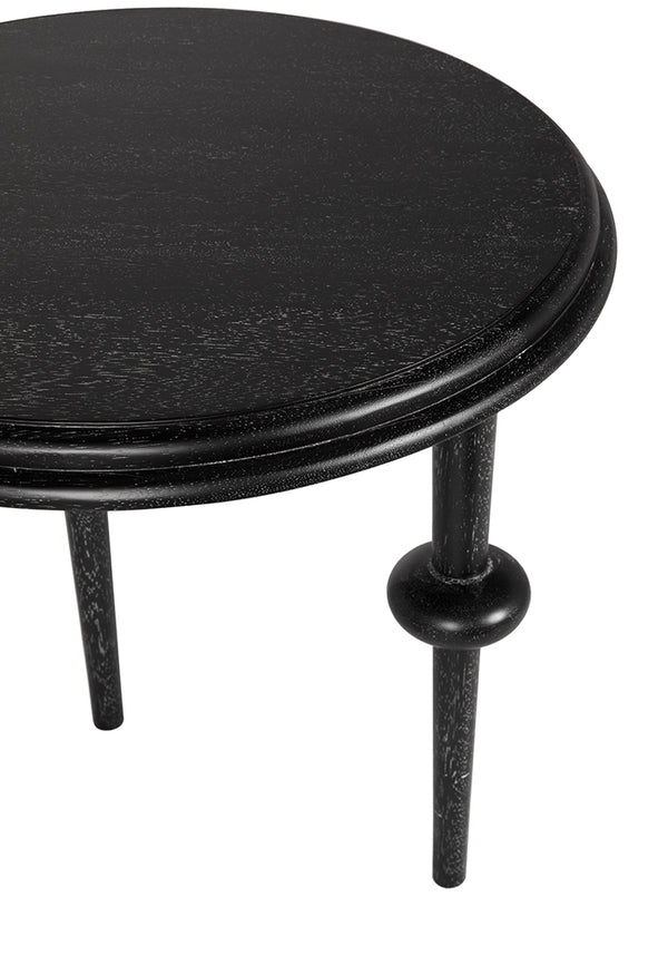 Foster Round Side Table with Turned Legs and Sculptural Folk Modern Living Room Appeal