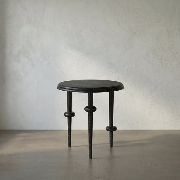 Foster Round Side Table with Turned Legs and Sculptural Folk Modern Living Room Appeal