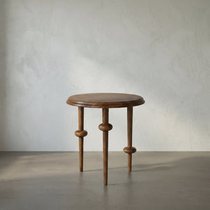 Foster Round Side Table with Turned Legs and Sculptural Folk Modern Living Room Appeal