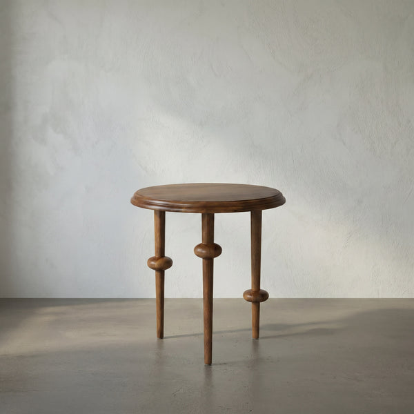 Foster Round Side Table with Turned Legs and Sculptural Folk Modern Living Room Appeal