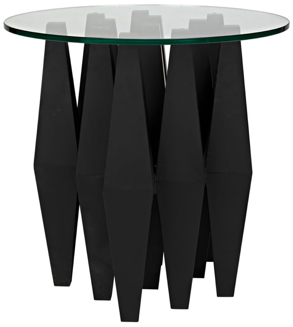 Noir Soldier Side Table - Modern Black Iron Accent with Glass Top, Ideal for Living Room & Bedroom Decor GTAB936MTB