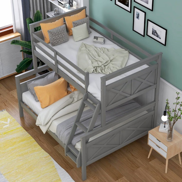 English Elm Twin Over Full Bunk Bed Solid Pine Frame with Angled Ladder and Safety Guardrails Gray GX000118AAE-1