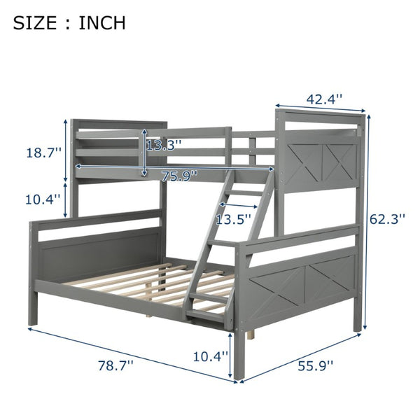 English Elm Twin Over Full Bunk Bed Solid Pine Frame with Angled Ladder and Safety Guardrails Gray GX000118AAE-1