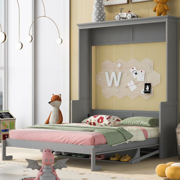 English Elm Queen Murphy Wall Bed with Fold Down Desk Pine MDF Frame Space Saving Cabinet Gray GX000350AAE-1