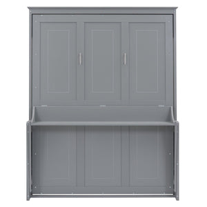English Elm Queen Murphy Wall Bed with Fold Down Desk Pine MDF Frame Space Saving Cabinet Gray GX000350AAE-1
