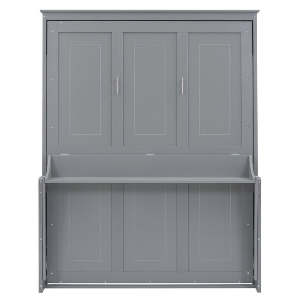 English Elm Queen Murphy Wall Bed with Fold Down Desk Pine MDF Frame Space Saving Cabinet Gray GX000350AAE-1