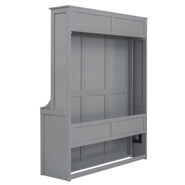 English Elm Queen Murphy Wall Bed with Fold Down Desk Pine MDF Frame Space Saving Cabinet Gray GX000350AAE-1