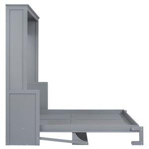English Elm Queen Murphy Wall Bed with Fold Down Desk Pine MDF Frame Space Saving Cabinet Gray GX000350AAE-1