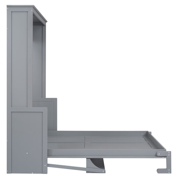 English Elm Queen Murphy Wall Bed with Fold Down Desk Pine MDF Frame Space Saving Cabinet Gray GX000350AAE-1