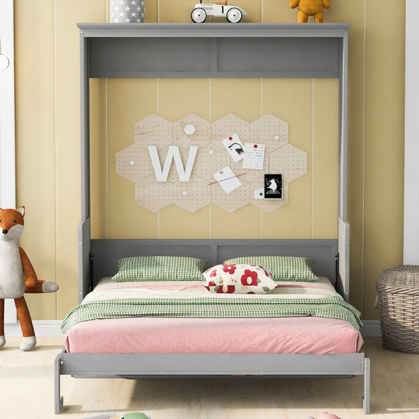 English Elm Queen Murphy Wall Bed with Fold Down Desk Pine MDF Frame Space Saving Cabinet Gray GX000350AAE-1