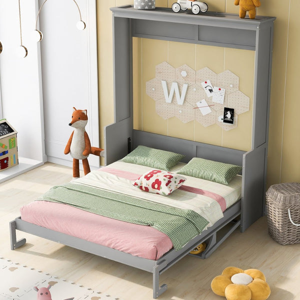 English Elm Queen Murphy Wall Bed with Fold Down Desk Pine MDF Frame Space Saving Cabinet Gray GX000350AAE-1