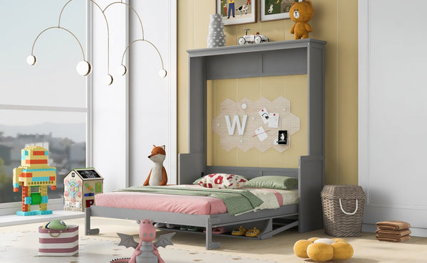 English Elm Queen Murphy Wall Bed with Fold Down Desk Pine MDF Frame Space Saving Cabinet Gray GX000350AAE-1