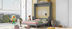 English Elm Queen Murphy Wall Bed with Fold Down Desk Pine MDF Frame Space Saving Cabinet Gray GX000350AAE-1