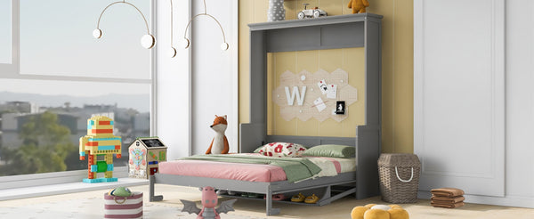 English Elm Queen Murphy Wall Bed with Fold Down Desk Pine MDF Frame Space Saving Cabinet Gray GX000350AAE-1