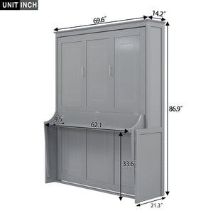 English Elm Queen Murphy Wall Bed with Fold Down Desk Pine MDF Frame Space Saving Cabinet Gray GX000350AAE-1