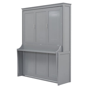 English Elm Queen Murphy Wall Bed with Fold Down Desk Pine MDF Frame Space Saving Cabinet Gray GX000350AAE-1