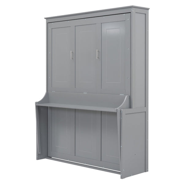 English Elm Queen Murphy Wall Bed with Fold Down Desk Pine MDF Frame Space Saving Cabinet Gray GX000350AAE-1