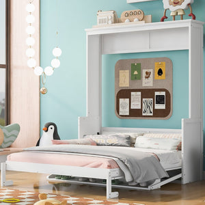 English Elm Queen Murphy Wall Bed with Fold Down Desk Pine MDF Frame Space Saving Cabinet White GX000350AAK-1