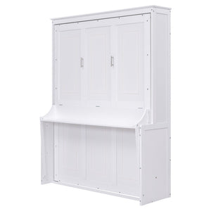 English Elm Queen Murphy Wall Bed with Fold Down Desk Pine MDF Frame Space Saving Cabinet White GX000350AAK-1