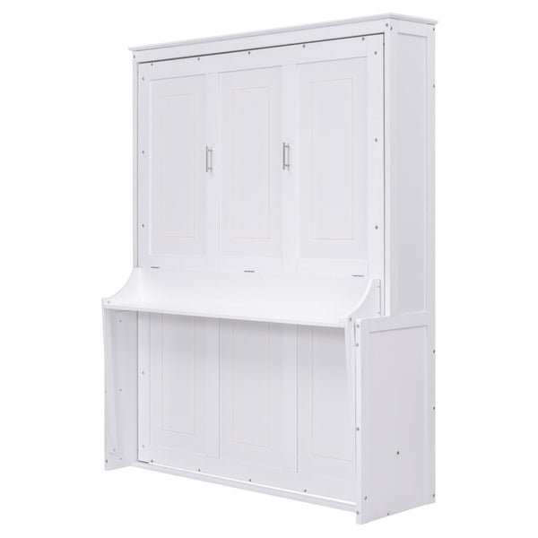 English Elm Queen Murphy Wall Bed with Fold Down Desk Pine MDF Frame Space Saving Cabinet White GX000350AAK-1