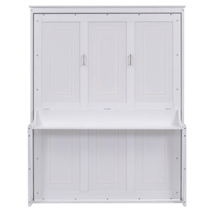 English Elm Queen Murphy Wall Bed with Fold Down Desk Pine MDF Frame Space Saving Cabinet White GX000350AAK-1