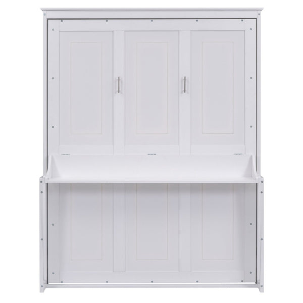 English Elm Queen Murphy Wall Bed with Fold Down Desk Pine MDF Frame Space Saving Cabinet White GX000350AAK-1