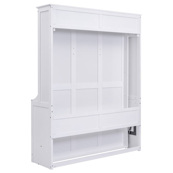 English Elm Queen Murphy Wall Bed with Fold Down Desk Pine MDF Frame Space Saving Cabinet White GX000350AAK-1