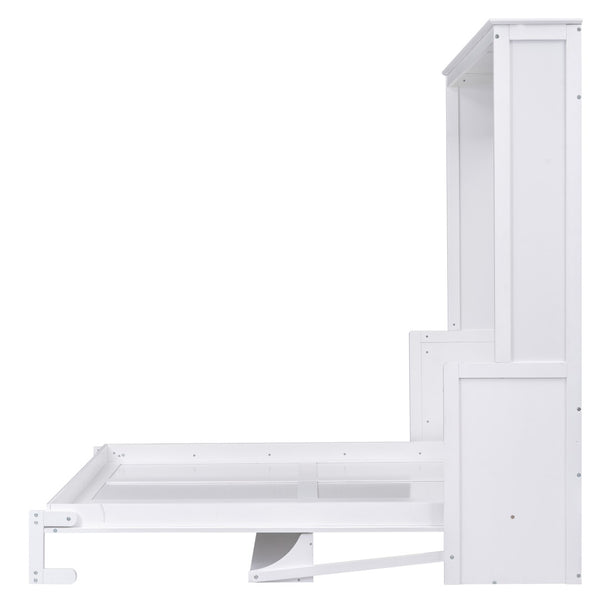 English Elm Queen Murphy Wall Bed with Fold Down Desk Pine MDF Frame Space Saving Cabinet White GX000350AAK-1