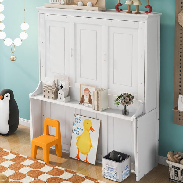 English Elm Queen Murphy Wall Bed with Fold Down Desk Pine MDF Frame Space Saving Cabinet White GX000350AAK-1