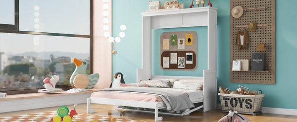 English Elm Queen Murphy Wall Bed with Fold Down Desk Pine MDF Frame Space Saving Cabinet White GX000350AAK-1