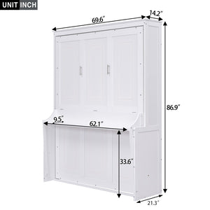 English Elm Queen Murphy Wall Bed with Fold Down Desk Pine MDF Frame Space Saving Cabinet White GX000350AAK-1