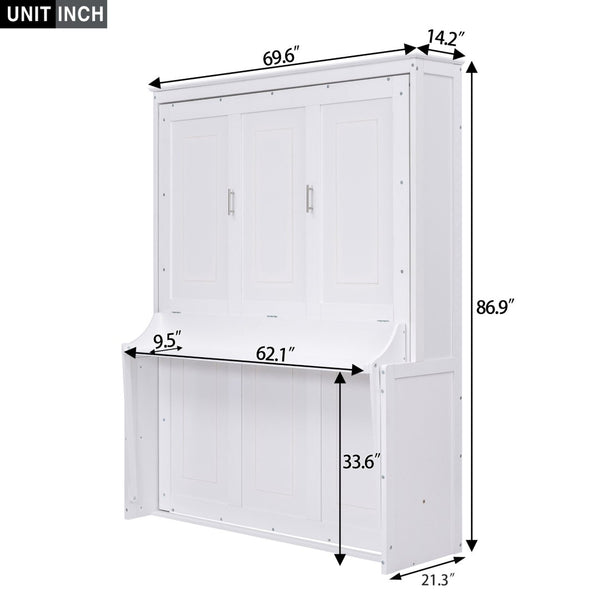 English Elm Queen Murphy Wall Bed with Fold Down Desk Pine MDF Frame Space Saving Cabinet White GX000350AAK-1