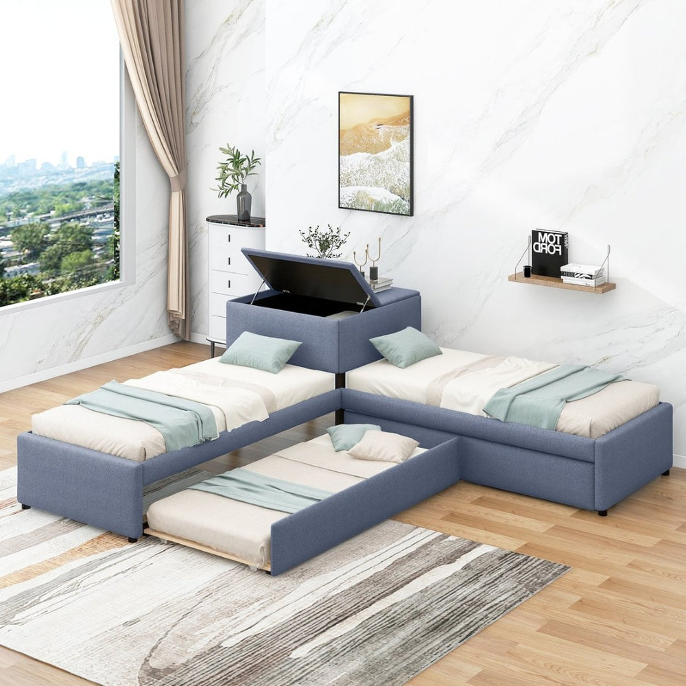 English Elm L-shaped Twin Platform Bed with Trundle Drawers and Built-in Nightstand in Gray Linen GX000531AAE-1