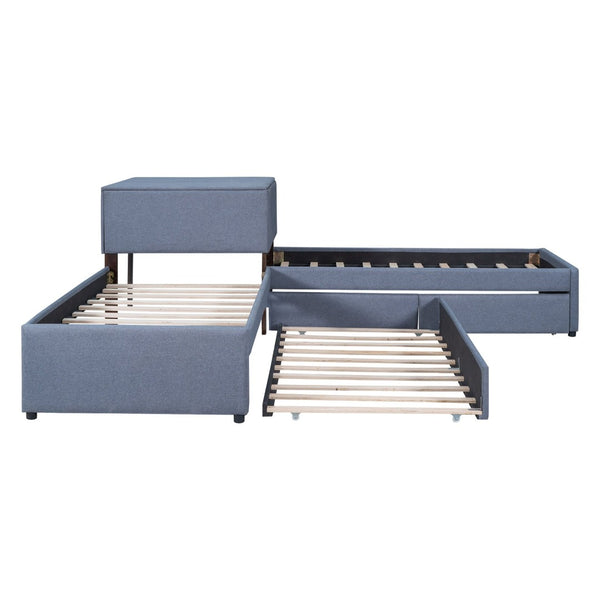 English Elm L-shaped Twin Platform Bed with Trundle Drawers and Built-in Nightstand in Gray Linen GX000531AAE-1