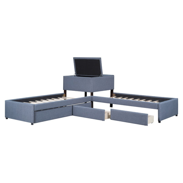 English Elm L-shaped Twin Platform Bed with Trundle Drawers and Built-in Nightstand in Gray Linen GX000531AAE-1
