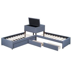 English Elm L-shaped Twin Platform Bed with Trundle Drawers and Built-in Nightstand in Gray Linen GX000531AAE-1