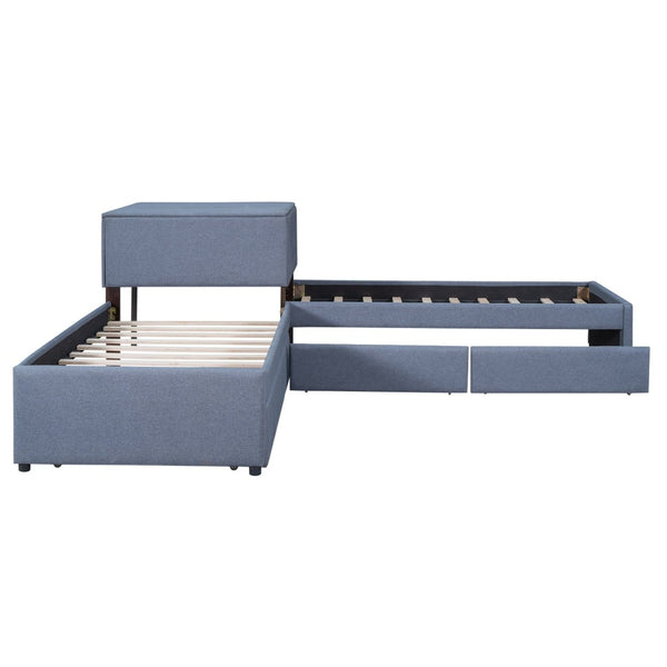 English Elm L-shaped Twin Platform Bed with Trundle Drawers and Built-in Nightstand in Gray Linen GX000531AAE-1