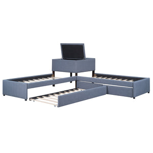 English Elm L-shaped Twin Platform Bed with Trundle Drawers and Built-in Nightstand in Gray Linen GX000531AAE-1