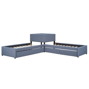 English Elm L-shaped Twin Platform Bed with Trundle Drawers and Built-in Nightstand in Gray Linen GX000531AAE-1