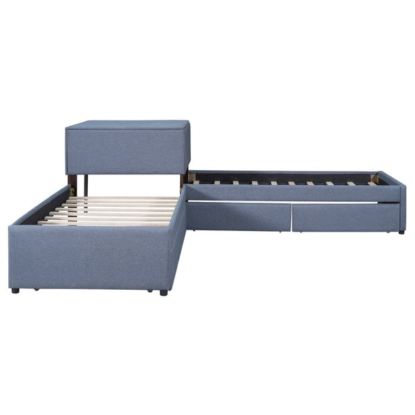 English Elm L-shaped Twin Platform Bed with Trundle Drawers and Built-in Nightstand in Gray Linen GX000531AAE-1