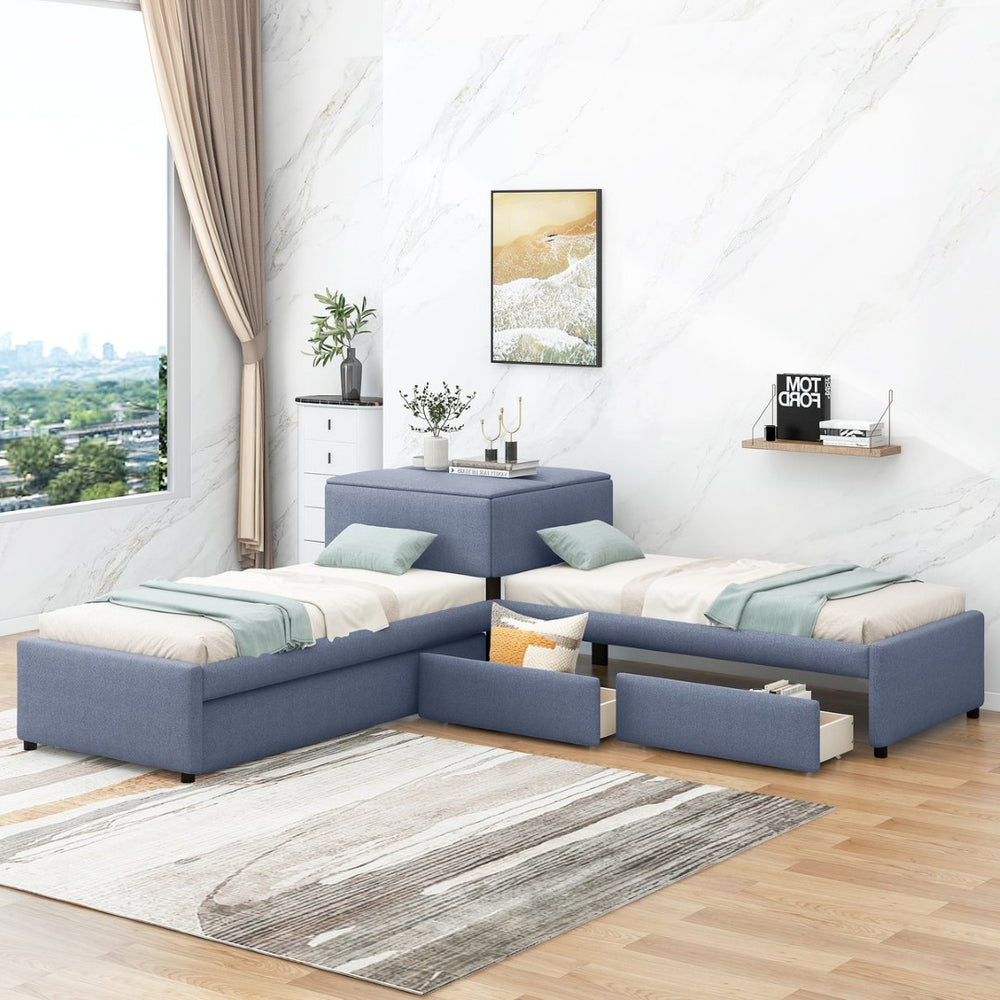 English Elm L-shaped Twin Platform Bed with Trundle Drawers and Built-in Nightstand in Gray Linen GX000531AAE-1