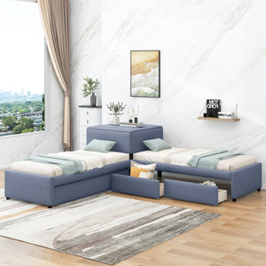 English Elm L-shaped Twin Platform Bed with Trundle Drawers and Built-in Nightstand in Gray Linen GX000531AAE-1