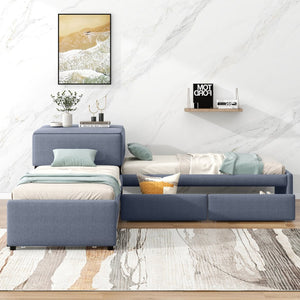 English Elm L-shaped Twin Platform Bed with Trundle Drawers and Built-in Nightstand in Gray Linen GX000531AAE-1