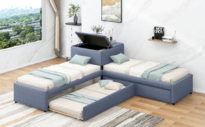 English Elm L-shaped Twin Platform Bed with Trundle Drawers and Built-in Nightstand in Gray Linen GX000531AAE-1