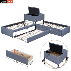 English Elm L-shaped Twin Platform Bed with Trundle Drawers and Built-in Nightstand in Gray Linen GX000531AAE-1