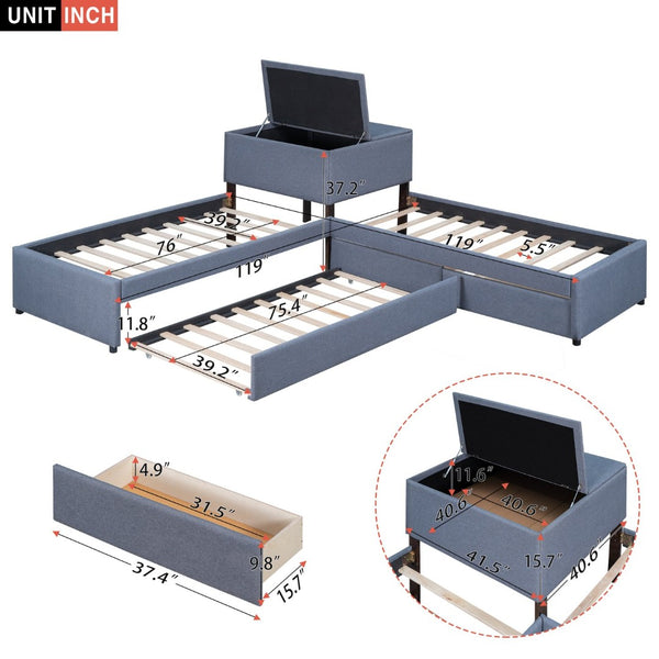 English Elm L-shaped Twin Platform Bed with Trundle Drawers and Built-in Nightstand in Gray Linen GX000531AAE-1