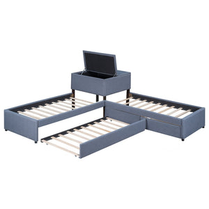 English Elm L-shaped Twin Platform Bed with Trundle Drawers and Built-in Nightstand in Gray Linen GX000531AAE-1