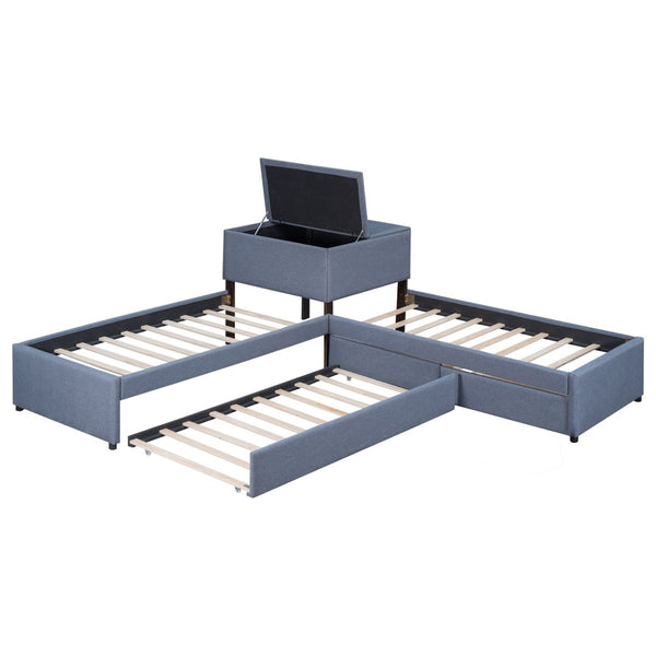 English Elm L-shaped Twin Platform Bed with Trundle Drawers and Built-in Nightstand in Gray Linen GX000531AAE-1
