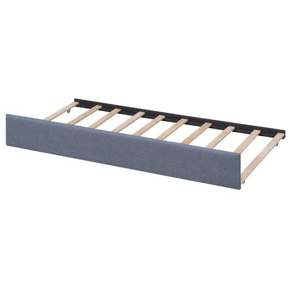 English Elm L-shaped Twin Platform Bed with Trundle Drawers and Built-in Nightstand in Gray Linen GX000531AAE-1